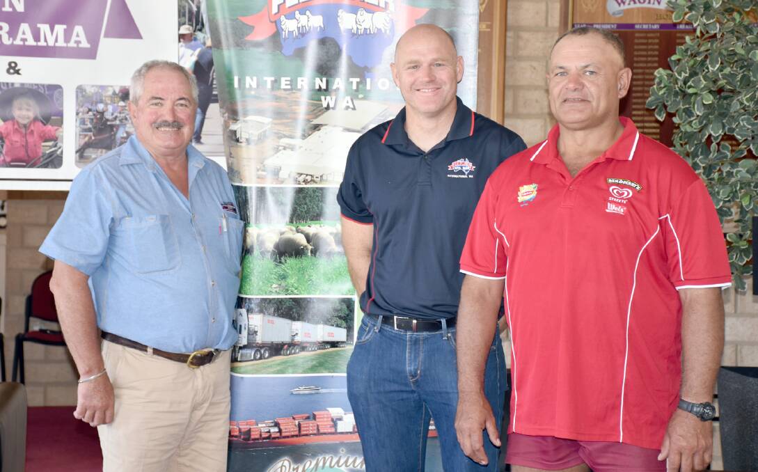 Merino head steward Peter Foley (left), with Fletcher International Narrikup abattoir production manager Justin Cuthbert and shearing and wool handling section head steward Huia Barlow announcing the company's decision to sponsor the Fletcher International Shearing and Wool Handling Competition.