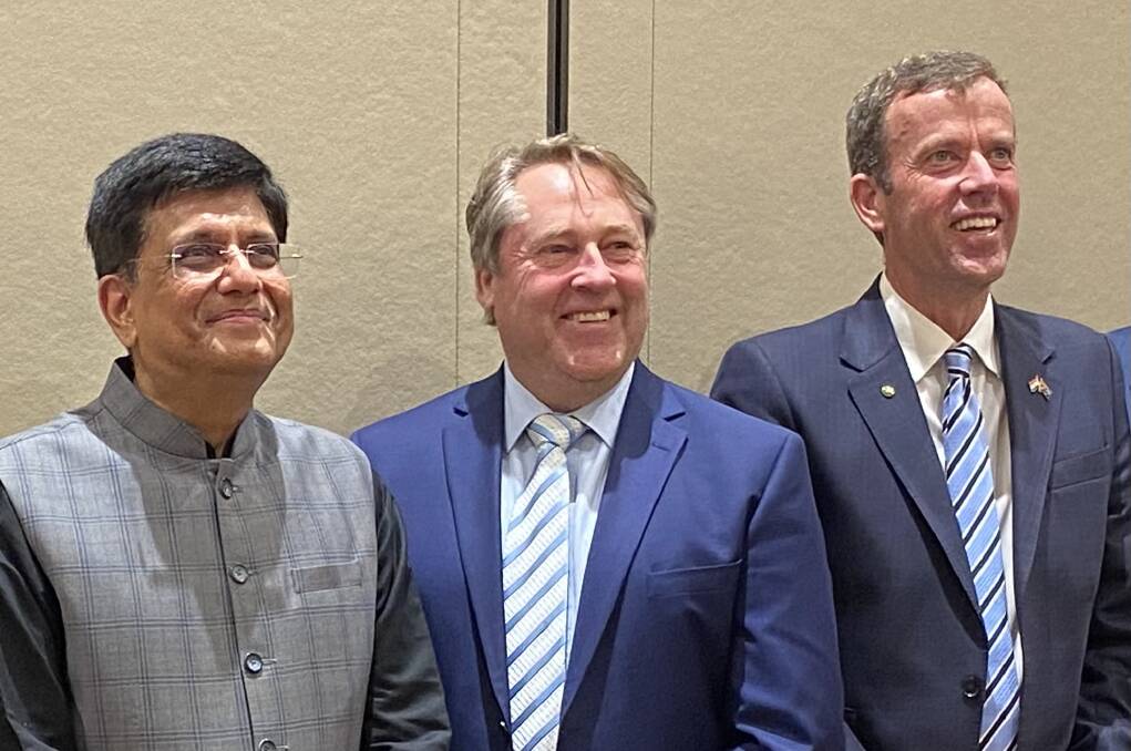  Indian Minister for Commerce and Industry Shri Piyush Goyal (left), with Federal Member for OConnor Rick Wilson and former Federal Trade Minister Dan Tehan at a round table in Perth in April this year.