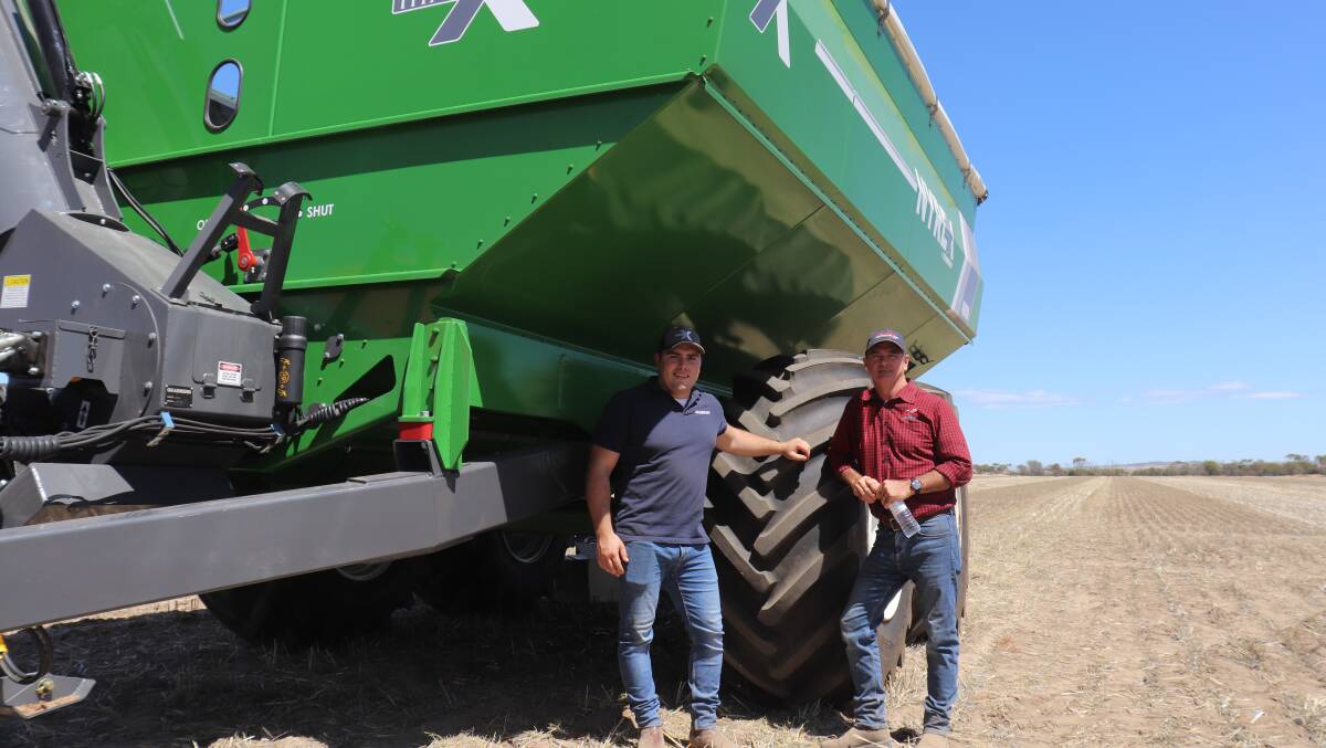 Martin Trewin (left) from Grain King and Russell Harvey from Boekemans Dowerin dealership with the Nyrex Titan 4600 chaser bin on display.