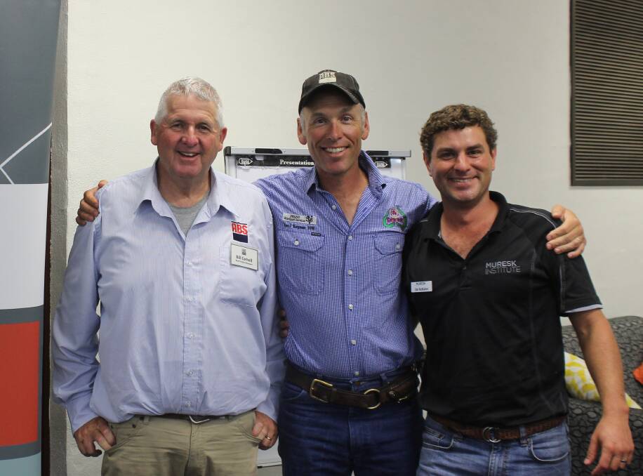 Presenters Bill Cornell (left), Beef Product manager, ABS Australia and Dr Enoch Bergman, Swans Veterinary Services, Esperance, with Muresk Institute's Jim McMahon after the Build a Better Cow event last week at Muresk.