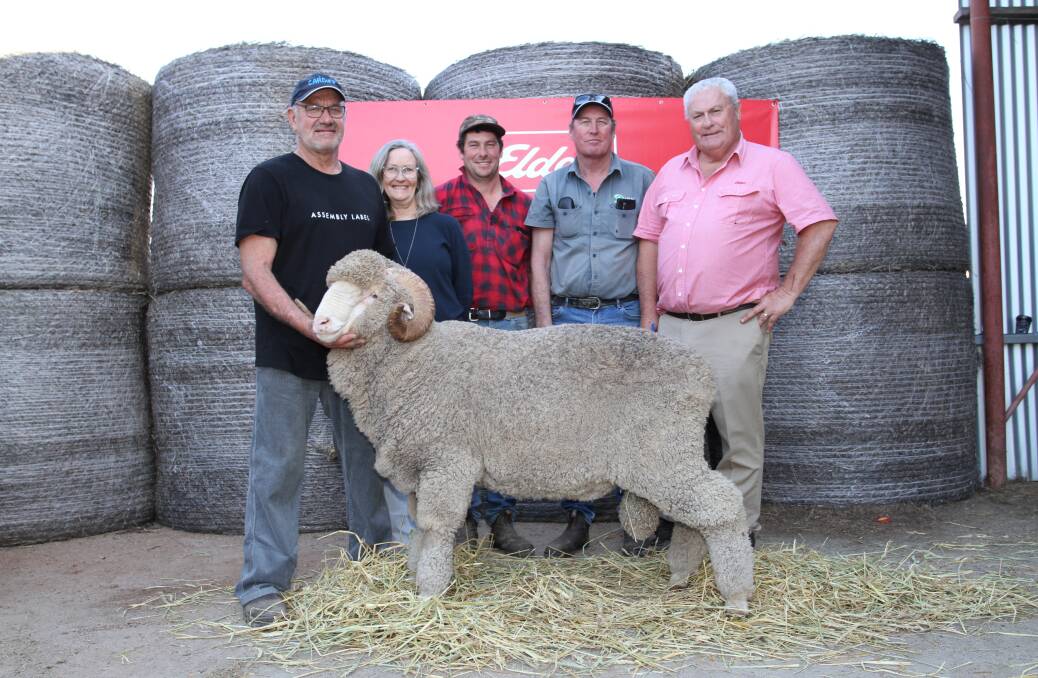 With the $7400 top-priced Merino ram at the final Cardiff on-property ram sale at Yorkrakine last Thursday were Cardiff stud principals Quentin (left) and Diane Davies, buyers Glenn and Wayne Smith, Wongamine Grazing, Northam and Cardiff stud and Wongamine Grazing classer Kevin Broad, Elders stud stock.