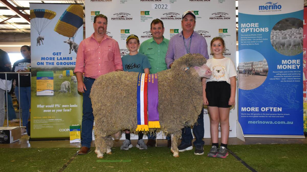 The grand champion August shorn and champion medium wool Poll Merino ram was exhibited by the Eastville Park stud, Wickepin. With the ram were Eastville Park classer and Elders stud stock representative Nathan King (left), Eastville Parks Hugh Mullan, sponsor representative Mitchell Crosby, Nutrien Livestock Breeding and Eastville Park co-principal Grantly Mullan and daughter Isla.
