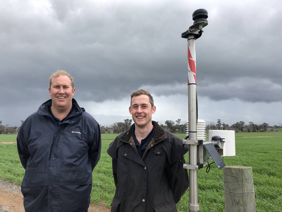 Stirlings to Coast Farmers group chief executive officer Nathan Dovey (left) and project officer Phillip Mackie at a recent group field walk inspecting new technology on one of the group's two Smart Farms.