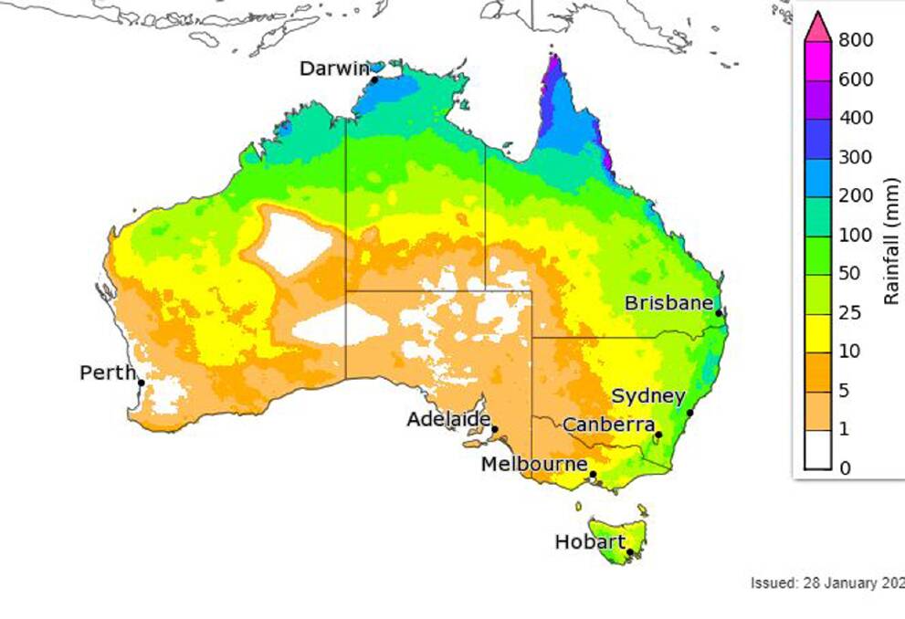 Rainfall totals that have a 75 per cent chance of occurring for February. Graphs by the Bureau of Meteorology.