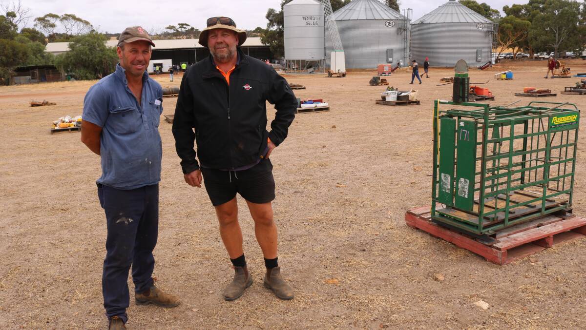 Daryl Kilpatrick (left), Nomans Lake and Anthony Spark, Tincurrin, caught up at the Thomson's clearing sale.