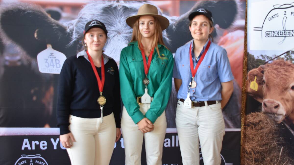 In the cattle selection quiz WA College of Agriculture Denmark student Samantha Wimpenny (left), placed first. Second place was awarded to Jasmine Stowe, WA College of Agriculture Harvey and third went to Abigail Harding, WA College of Agriculture Denmark.