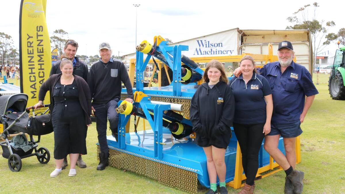 At the Wilson Machinery display were Albany beef farmers Shannon (left) and Ivan Gerovich, their neighbour, dairy farmer Pieter Mostert, who was looking to buy a new slasher and Wilson Machinery's Lani, 11, Laura and Ian Wilson.