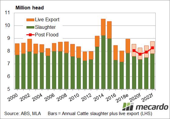 FIGURE 2: Cattle live exports and slaughter. The above chart shows how it would look if the 500,000 head lost were all breeders which produced no calves this year or any years after that.