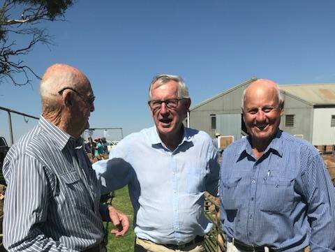 Tom Padbury, Neil Garnett and Jim Sullivan at Greenfields stud, Hallett during the 2019 Elders SA Stud Merino Expo. Picture supplied
