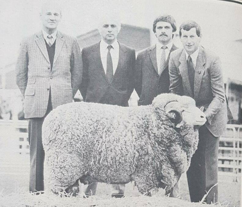 Collinsville studmaster Tom Padbury, Argentinian buyers Luis Piquemal and Hernan Baldassarre, and Collinsville principal Neil Garnett with the $102,000 Collinsville ram sold at the 1986 Adelaide Merino ram sale.