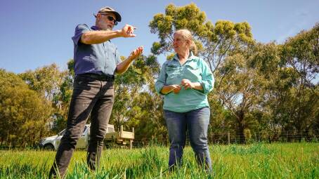 Sustainability agriculture scientist Professor Richard Eckard and Victorian livestock producer Fiona Conroy talk soil carbon on Ms Conroy's property Knewleave. Picture by Rachel Simmonds.