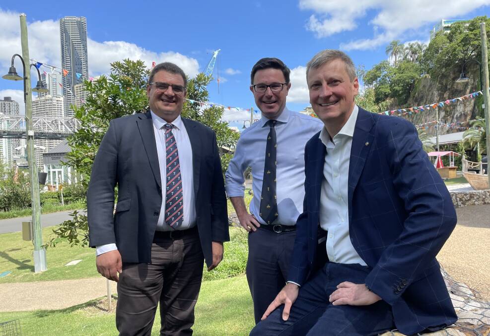 INDUSTRY FIRSTS: Meat & Livestock Australia's managing director Jason Strong, Minister for Agriculture and Northern Australia David Littleproud and AACo managing director and CEO Hugh Killen at the launch of AACo's sustainability journey in Brisbane this morning.
