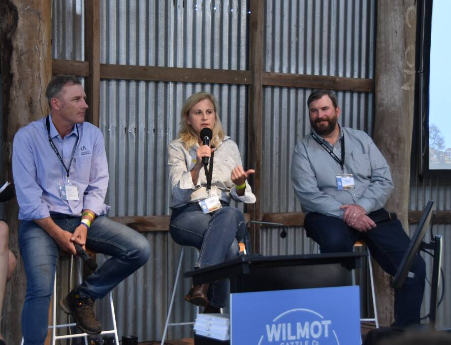 Panelists speaking on natural capital at the Wilmot Field Day near Armidale, Bert Glover from Impact Ag Partners, Carmel Onions from CBA and Michael Doane, from The Nature Conservancy. Picture Shan Goodwin.