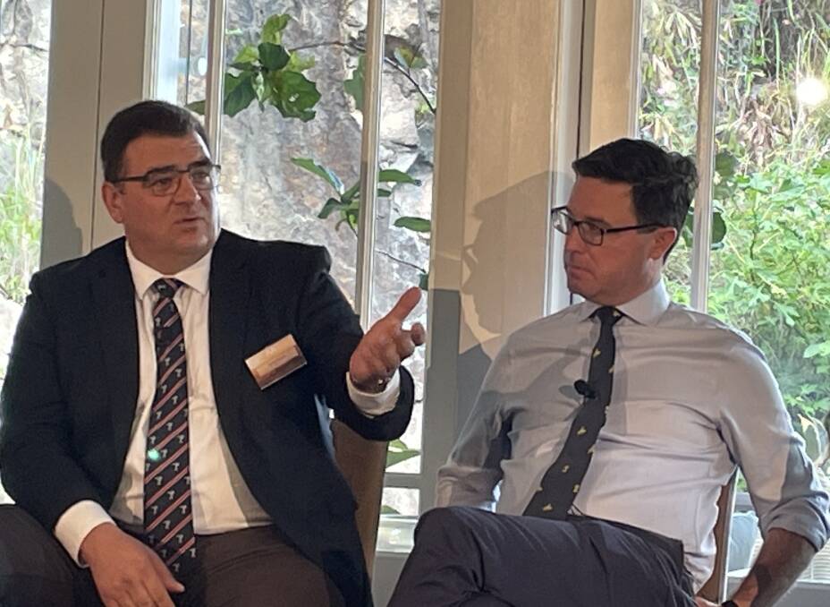 IN CONVERSATION: Meat & Livestock Australia managing director Jason Strong and Agriculture Minister David Littleproud talk sustainability at a beef industry event hosted by Australian Agricultural Company in Brisbane on Friday.