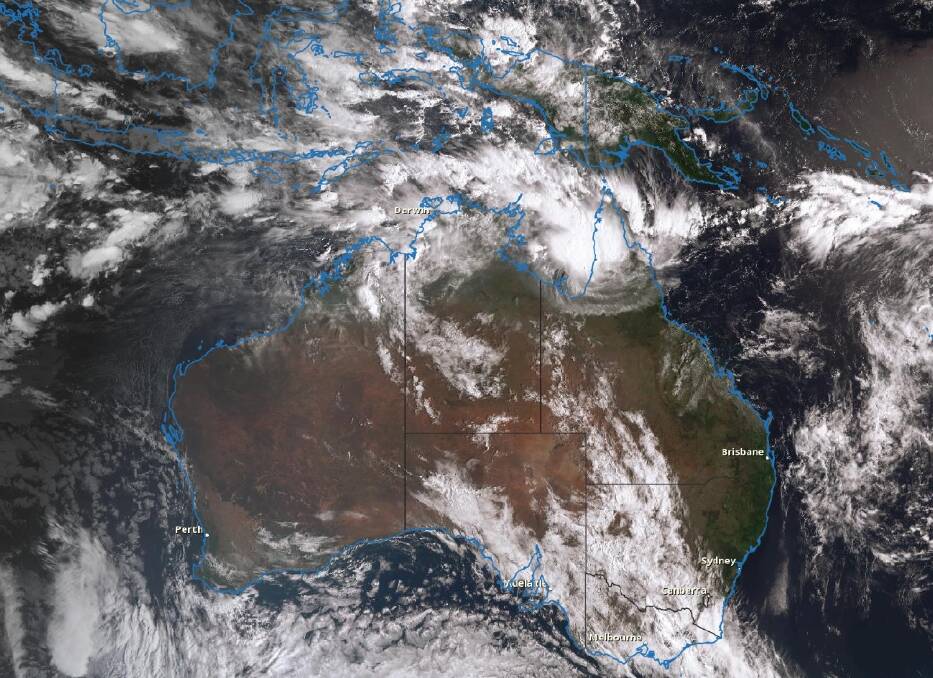 Tropical lows are deepening in the monsoon trough across northern Australia. Satellite picture: Bureau of Meteorology.