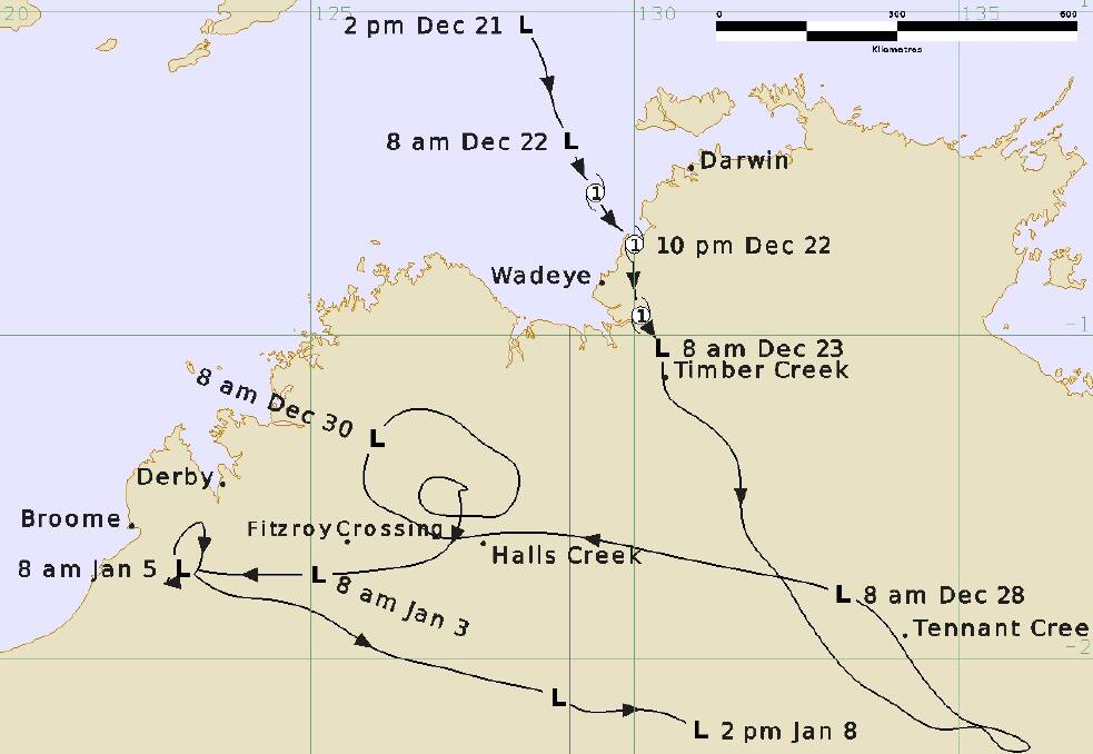 The erratic path taken by ex-Tropical Cyclone Ellie after making landfall in the NT just before Christmas. Graphic from Bureau of Meteorology