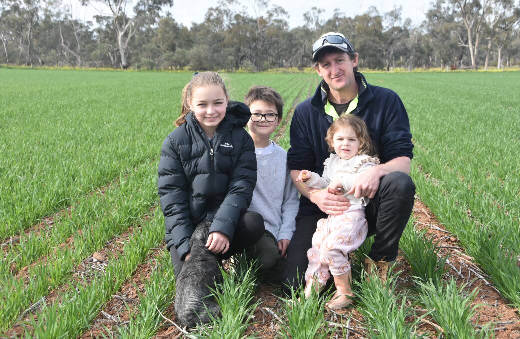 From left Taylah, Brody and Ivy Giles with dad Tim and dog Eadie in a crop of Yallara oats grown for hay at their family farm at Charlton last week.