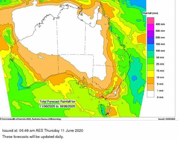 The BOM's eight day forecast is a glorious view for farmers looking for rain in Queensland and south-western WA.