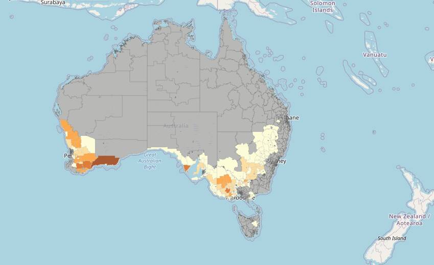 GOLDEN WEST: The ABS map shows WA has the majority of the largest canola producing regions in the country followed by Victoria. For more detail, see clickable map.