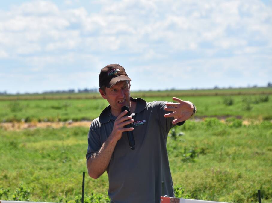 Pulse Breeding Australia's Jason Brand speaking at the recent Southern Pulse field day at Murra Warra north of Horsham. Photo: Gregor Heard.