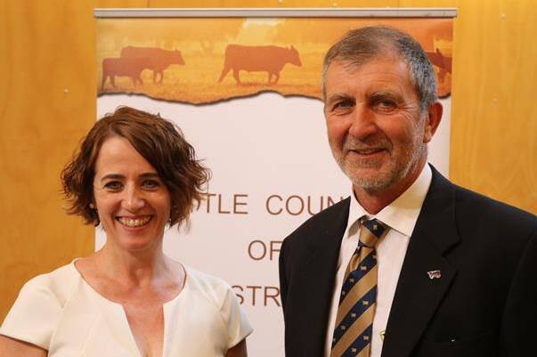 New Australian Pork Limited chief executive Margo Andrae and Tony Hegarty, president of her former organisation, Cattle Council.