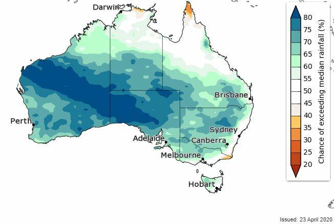 The odds of a wetter than average May to July period are reasonably strong for many regions. Map: Bureau of Meteorology.