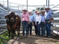 The $200,000 equal top priced red bull of the 2022 sale, Fairy Springs Royal Flush with vendors Felicity and Joe Streeter, and buyers Isaac and Darren Kent, and Colin and Katrina Johnson. Picture by Clare Adcock 