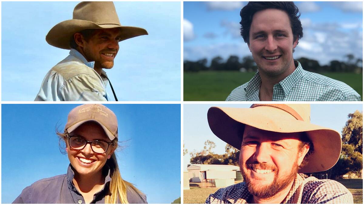 The Australian finalists for the Zanda McDonald Awards: (Clockwise from top left) Hugh Dawson, 22, head stockman, Barkly Pastoral Company, Elliott, NT; Oli Le Lievre, 28, consultant for KPMG, Melbourne; Tim Emery, 35, Agricultural Business Research Institute technical officer, Roma, Qld; and, Rozzie OReilly, 28, breeding manager at Lambpro, Holbrook, NSW.
