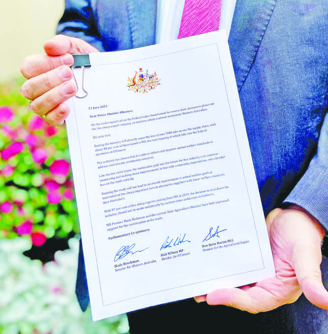The petition spearheaded by Federal MP for OConnor Rick Wilson, senator Slade Brockman and Agricultural Region MLC Steve Martin gained more than 10,000 signatures, pressuring the Albanese Government to reverse its decision to ban the live sheep export industry.
