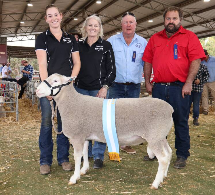 The reserve champion interbreed ram was won by Sasimwa White Suffolk stud, York. With the ram were Madison Taylor (left), with grandmother and Sasimwa co-principal Kay Cole, and judges Laurie Fairclough, Stockdale White Suffolk and Poll Dorset studs, York and Aaron Foster, Wendenlea Suffolk and White Suffolk studs, Boddington. The ram was also sashed the champion White Suffolk ram.
