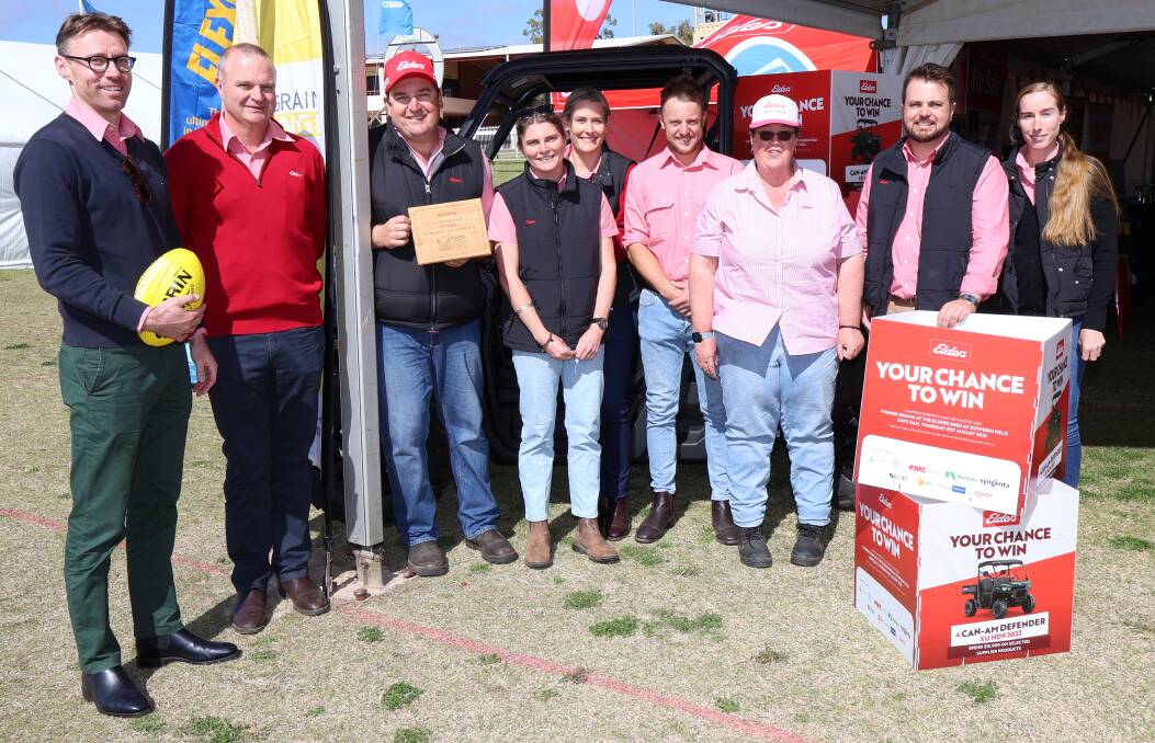 Reid Seaby (left), Elders finance, Jason Clarke, area manager North, Jarrad Kupsch, Elders Mingenew branch manager, Nell Eastough, agronomist Northern region, Tatum Patteson, State marketing business partner WA, Jake Comley, Coorow/Carnamah branch manager, Debbie Criddle, rural products sales representitive, Mingenew branch, Simon Cheetham, Elders senior rural real estate executive and Casey Gill, Carnamah Farm Supplies manager.
