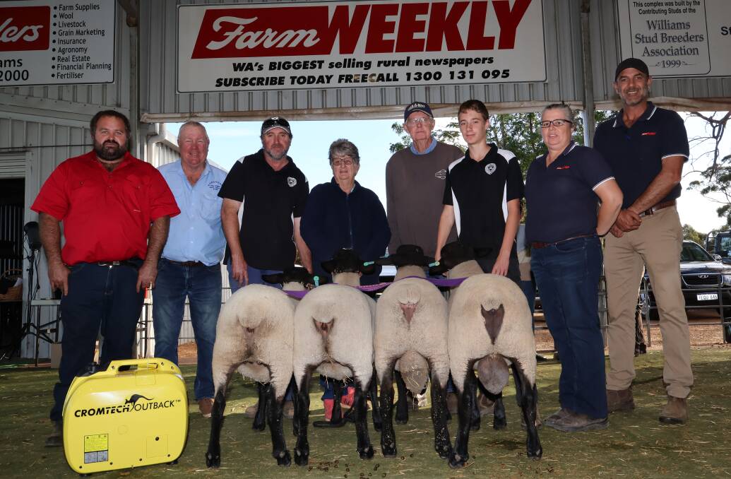 The reserve champion interbreeders group for two rams and two ewes was awarded to JimJan Texel stud, Boyup Brook. Holding the sheep are JimJan principal, Jim Glover (left), Lewis, Jack and Maddi Shepherd, Narrogin.
