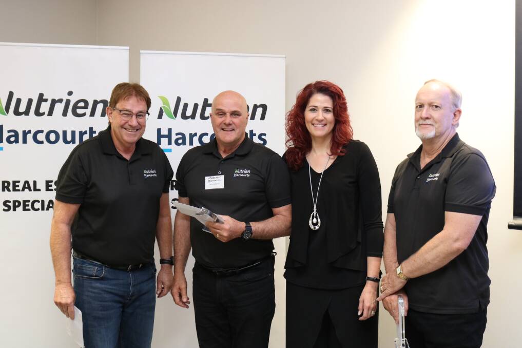 Nutrien Harcourts western region corporate and business development manager Glenn McTaggart (left), congratulated Dennis and Leisha Davis, Denmark, on topping the company's residential/lifestyle awards category for highest sales value and also Michael Greenwood, Kellerberrin, on placing equal third.