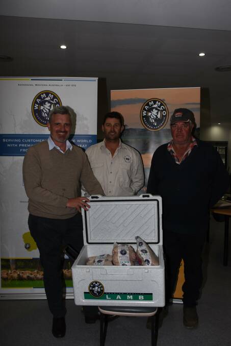 WAMMCO marketing manager Damien Giumelli (left), congratulated Jay Robertson, CJ & CV Robertson, Kulin, on finishing third in the small crossbred supplier category. With them is Mr Robertson's agent Graeme Taylor, Elders, Lake Grace.