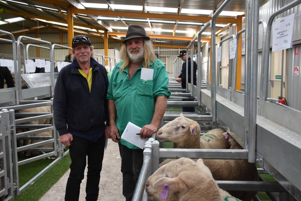 The volume buyer in the Greendale White Suffolk stud offering was Chris Humphrys (left), Esperance, he discussed his purchases post sale with Greendale stud principal Andrew Hann, Esperance.