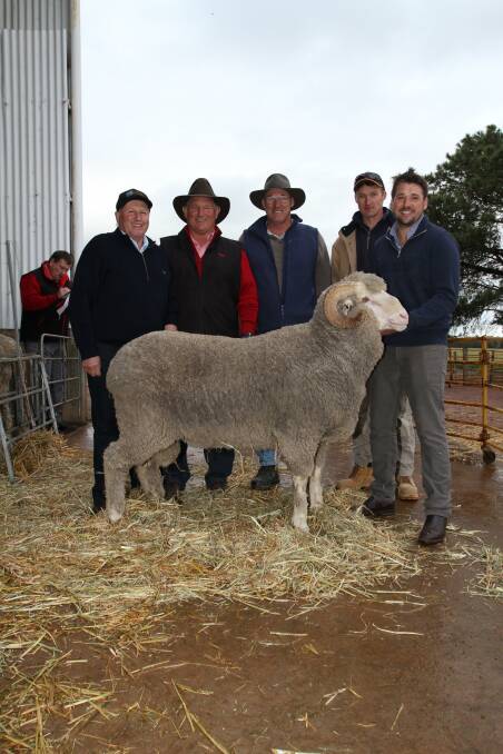 With the May-shorn $15,000 top-priced Merino ram purchased by the Doyle family, Wylivere Farms, Corrigin, at the annual Woodyarrup on-property ram sale at Broomehill last week were Woodyarrup stud co-principal Craig Dewar (left), Wylivere Farms flock classer Russell McKay, Elders stud stock, buyers Greg and Ben Doyle, Wylivere Farms and Woodyarryup stud co-principal Lachlan Dewar.