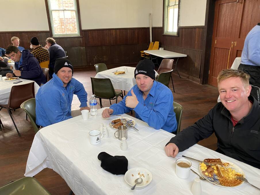 Interstate riders Tim Stivens (left) and Josh Hoad, AGnVet, together with Leigh Hepner, IK Caldwell, enjoy a hearty breakfast before a big day ahead on the ADAMA Australia 2-wheel crop trials tour recently.