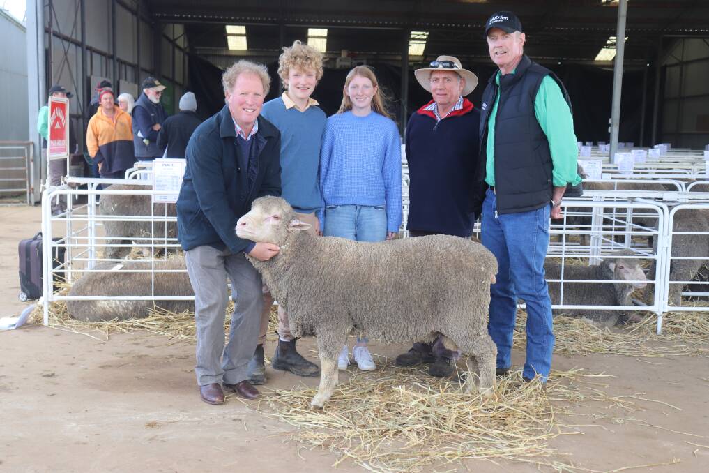 Billandri stud principal Geoff Sandilands (left), Fergus and Amy Sandilands, with David Mills, Eneabba, who bid on behalf of Clayton Park Grazing Co, Eneabba and Nutrien Livestock auctioneer Charlie Staite with the $3300 top-priced ram at Kendenup.