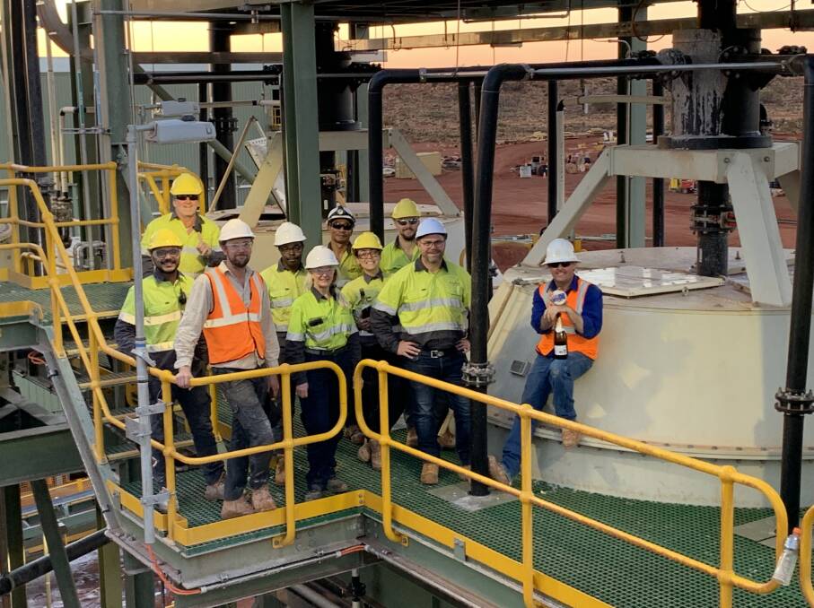Kalium Lakes Ltd's production team with chief executive officer Rudolph van Niekerk (second right) celebrating the first production of Sulphate of Potash (SoP) in Australia as the company's Beyondie SoP fertiliser operation in the Little Sandy Desert is commissioned.