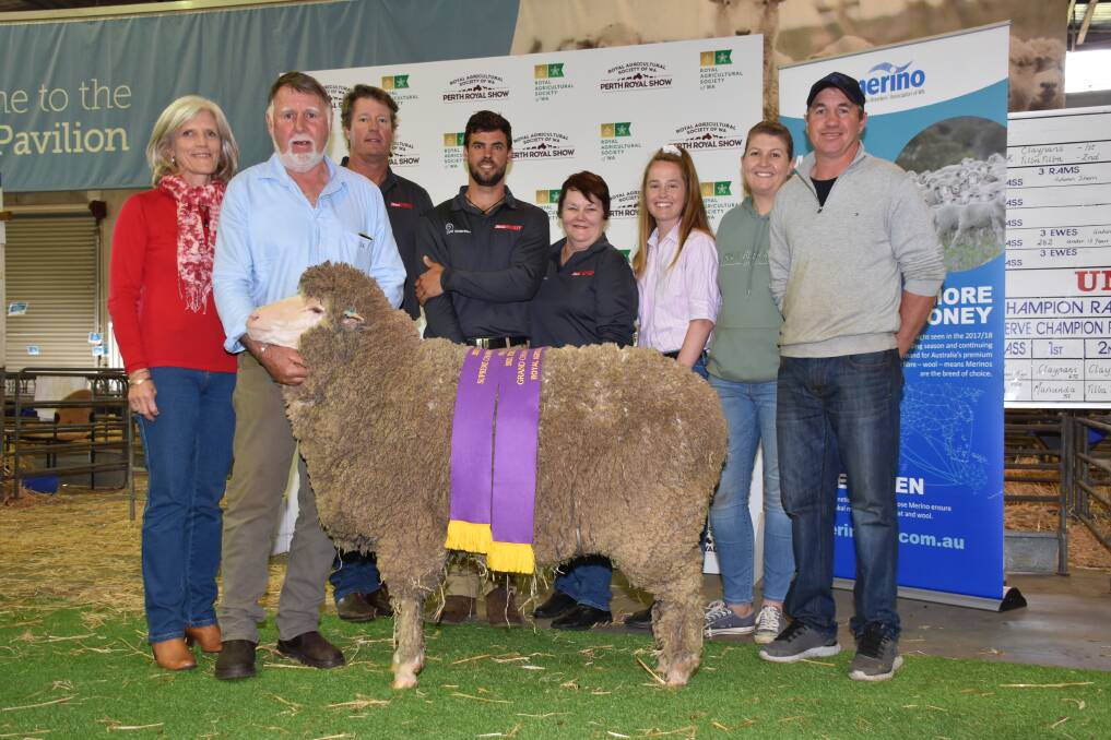 The Mullan family's Quailerup West stud, Wickepin, exhibited the supreme Merino exhibit for a third show in a row. With the Quailerup West Poll Merino ewe that took home the title were Lee-Ann (left) and Rob Mullan, judges Nathan Teakle, Walkindyer stud, Northampton, Rick Wise, Wililoo stud, Woodanilling, Heather Meaton, Kojonup, associate judge Lauren Rayner and Elise and Grantly Mullan. The ewe was also sashed the grand champion Poll Merino ewe and champion fine wool Poll Merino ewe.