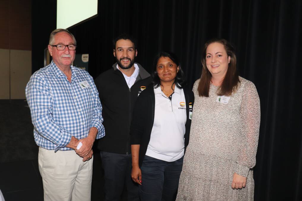 Corrigin farmer Lauren Pitman (right) also won a liquid nitrogen tank as a door prize, this one donated by Coerco. She is pictured with Nutrien Ag Solutions regional key account manager Steve Wright (left), Coerco sales consultant Craig Whyte and marketing manager Reshma Raghavani