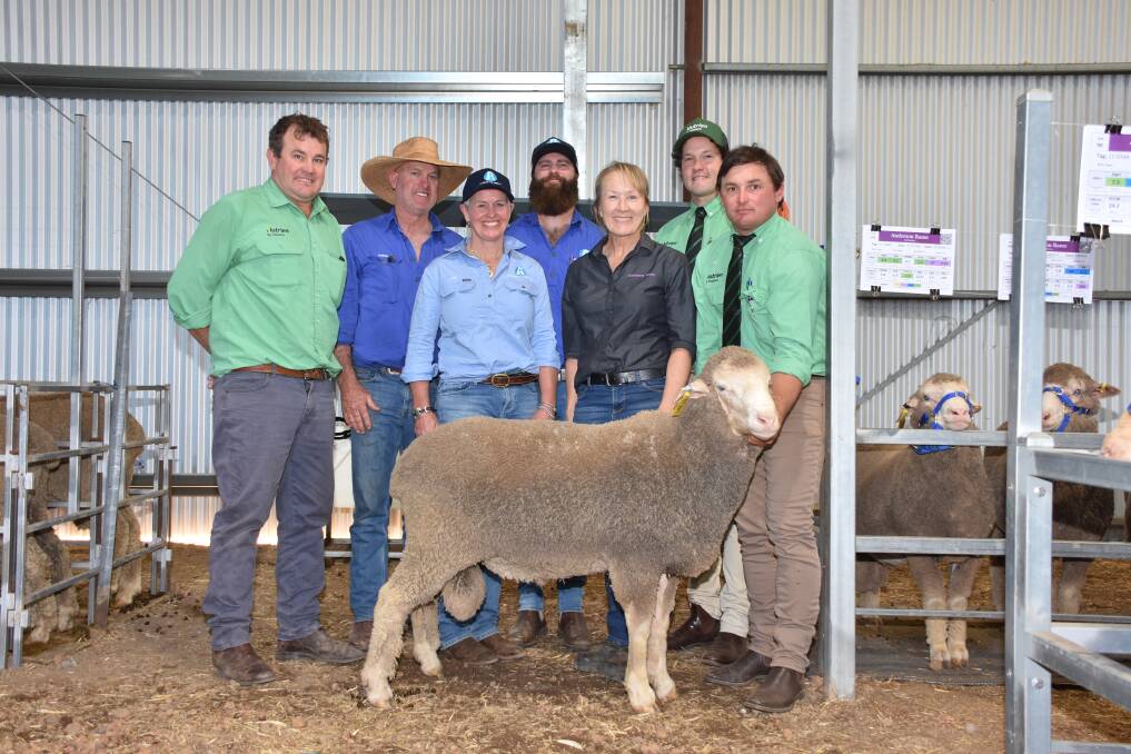 The Anderson familys Anderson Poll Merino stud, Kojonup, sold the top-priced Merino/Poll Merino ram for the season when they sold this two-tooth Poll Merino for $52,000 at their on-property ram sale in October to the Aloeburn Poll Merino stud, Boree Creek, New South Wales. With the ram were Nutrien Livestock Breeding representative Mitchell Crosby (left), Aloeburn principals Andrew, Jodie and Tom Green, Anderson principal Lynley Anderson, Nutrien Livestock auctioneer Michael Altus and Nutrien Livestock, Kojonup, agent Troy Hornby.