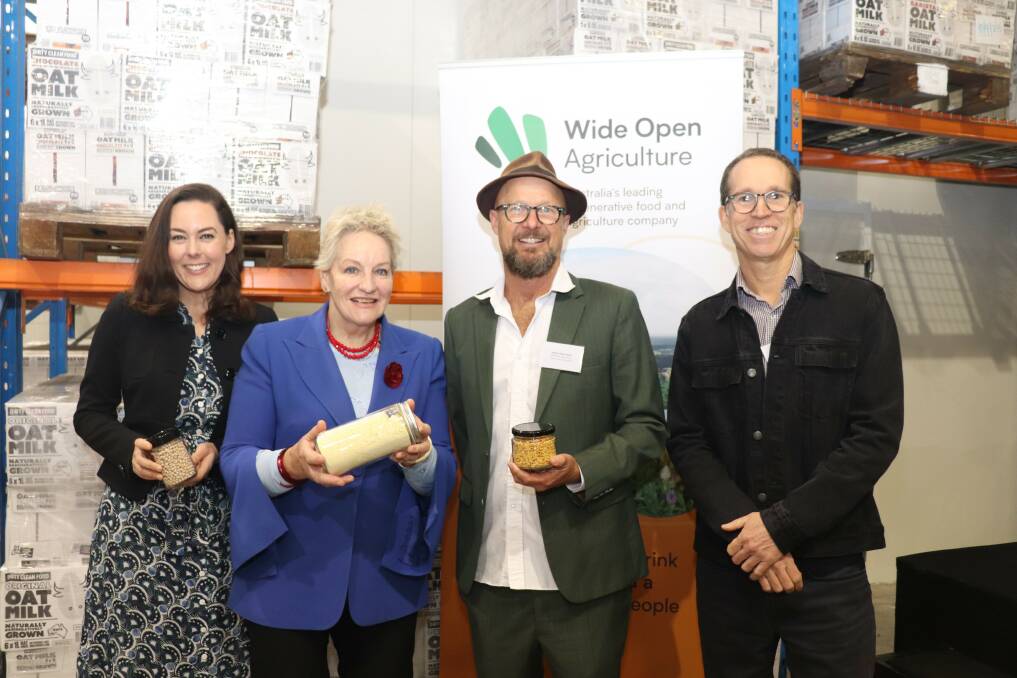Belmont MP Cassandra Michelle Rowe (left), Agriculture and Food Minister Alannah MacTiernan, Wide Open Agriculture founding chairman Anthony Maslin and managing director Ben Cole at the official opening of the Buntine Protein pilot plant last Friday,