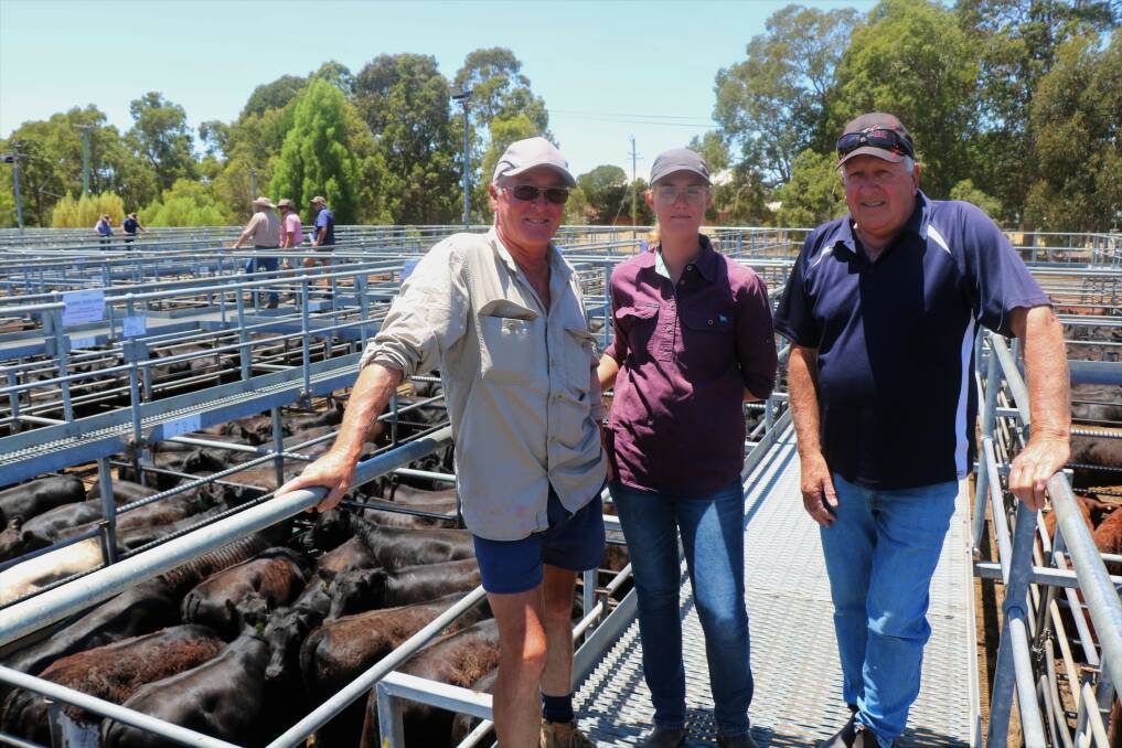 Wylie Group farm manager Darryl Robinson (right), Murray River Farms, with staff Andy Robertson and Kyah Tocknell. Murray River Farms sold Angus heifers to strong enquiry with them topping at $2461.