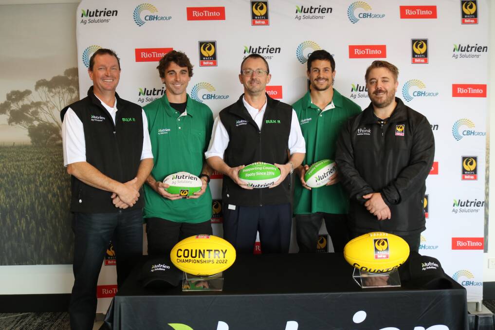 At the live fixtures draw for the 2022 Nutrien Ag Solutions Country Football Championships at Nutriens North Fremantle office were the companys retail fertiliser manager - west Stuart Gray (left), West Coast Eagle Jamie Cripps, region manager-west Andrew Duperouzel, West Coast Eagle Liam Duggan and WAFC country football development south manager Brent Sheridan.