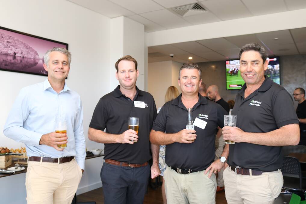 WA Property Lawyers director and sponsor Eden Coad (left), caught up with Nutrien Harcourts sales representatives Glen Phelps, Gnowangerup/ Tambellup, Ashley Walker, Mukinbudin and Ryan Wilkie, Darkan/Williams, at the sundowner.