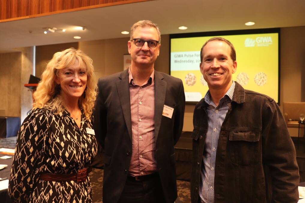 Department of Primary Industries and Regional Development (DPIRD) grains director Kerry Regan (left), Pivotal Point Strategic Directions director Mark Narustrang and Wide Open Agriculture managing director Ben Cole.