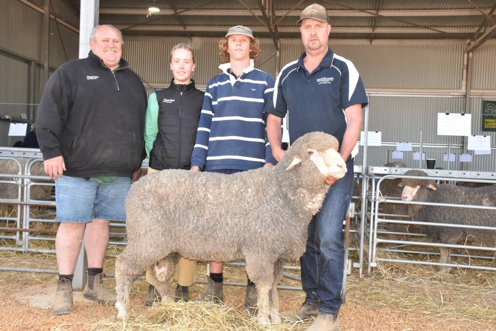 With the $5900 top-priced Poll Merino ram at Mondays Lukin Springs on-property Poll Merino and White Suffolk ram sale at Boyup Brook were Nutrien Livestock, Boyup Brook, representative Geoff Daw (left) and Nutrien Livestock trainee Maddie Goerling with Lukin Springs Harry and Paul Goerling. The ram was bought by Darrell Baynes, Broomehill.
