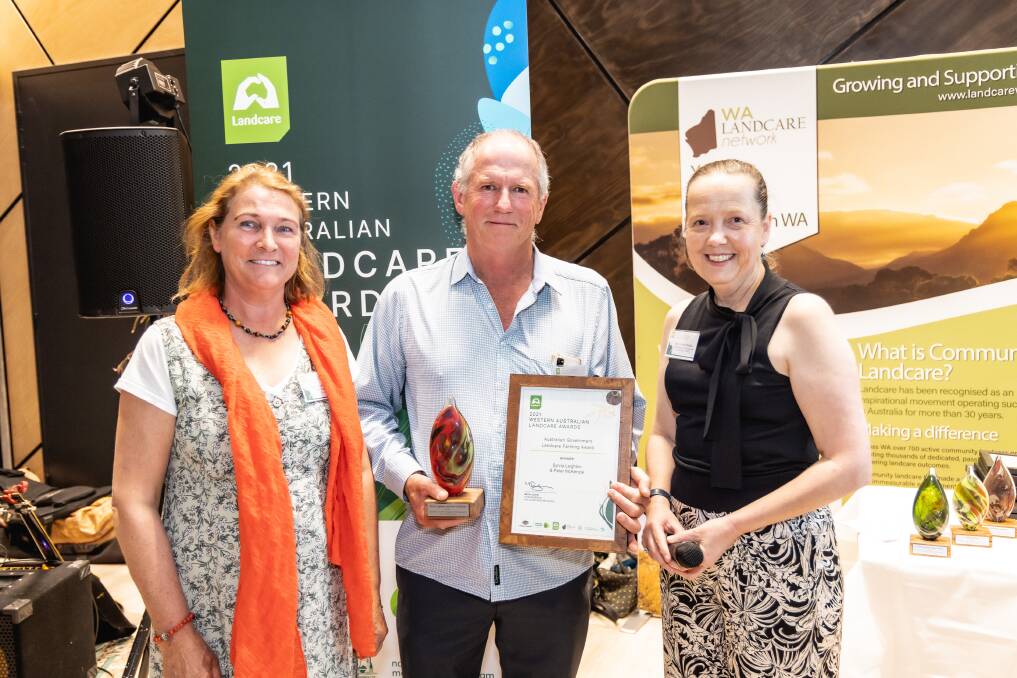 Australian Government Landcare Farming Award winners Silvia Leighton (left) and Peter McKenzie, Wilyun Pools farm, Wellstead, with award presenter Cecilia McConnell, Commissioner of Soil and Land Conservation, Department of Primary Industries and Regional Development. Photo by: Ammon Creative