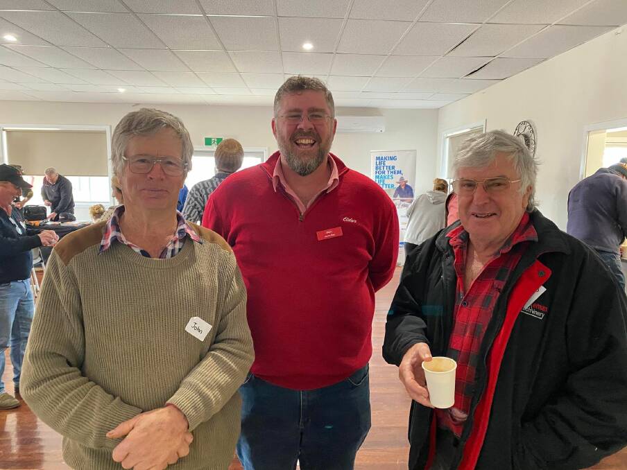 John Powis (left), Elders agronomists James Bee and Bernie Driscoll at the Wellstead production day.
